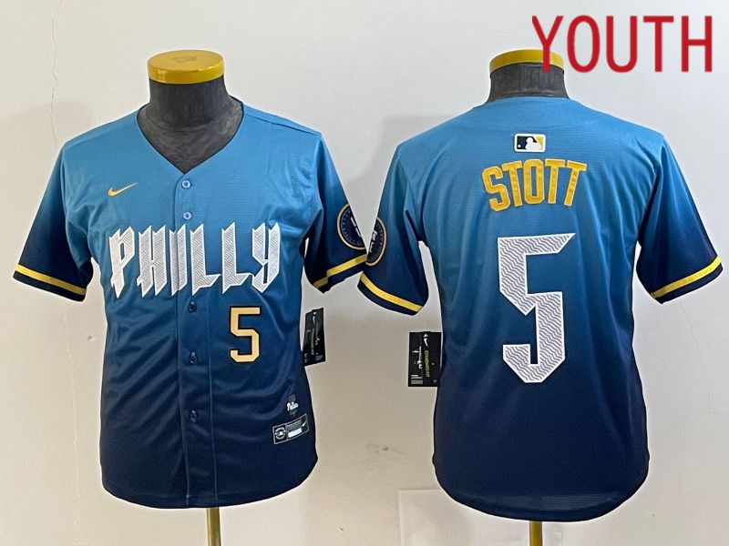 Youth Philadelphia Phillies #5 Stott Blue City Edition Nike 2024 MLB Jersey style 2